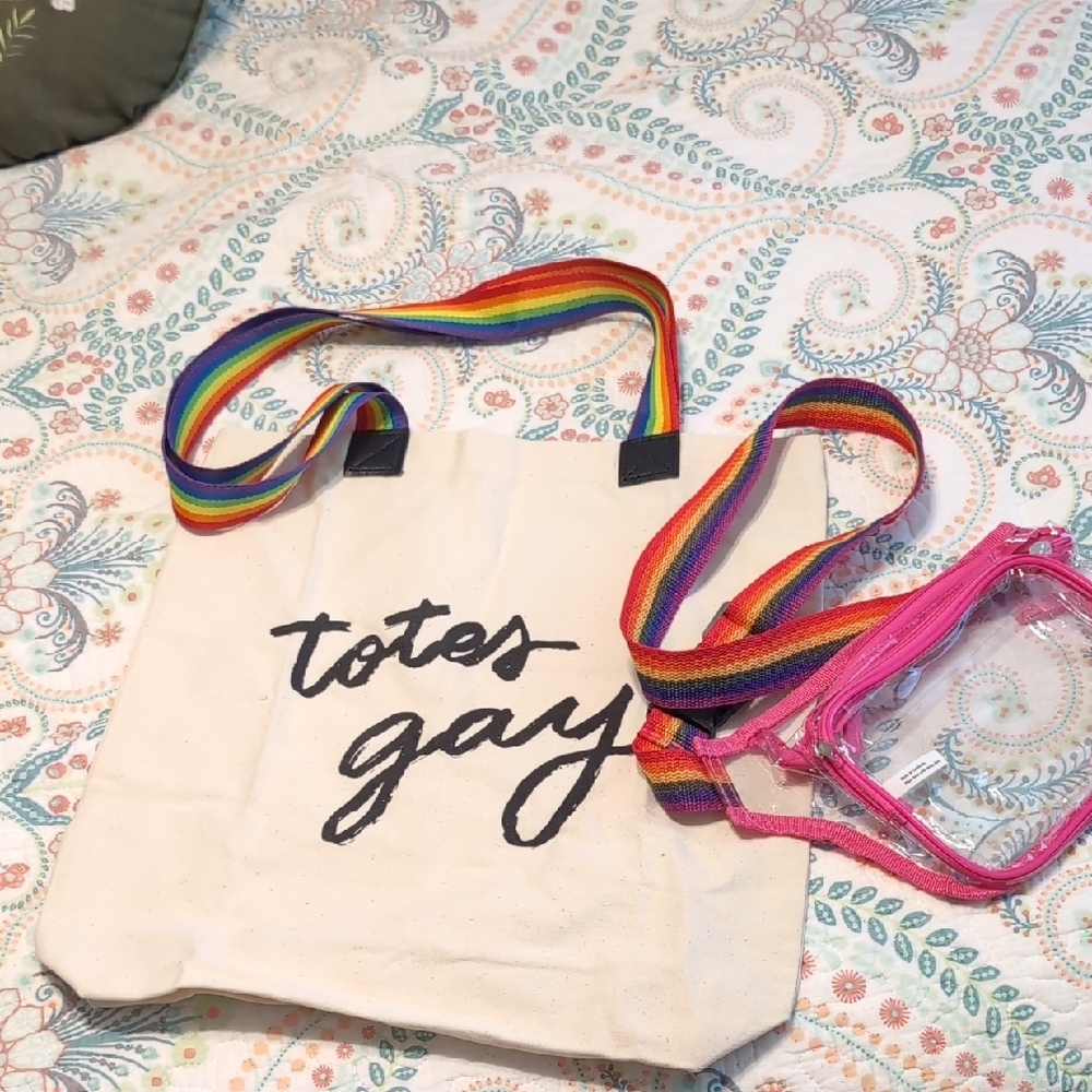 Canvas Tote with Rainbow Strap and Pink Pouch